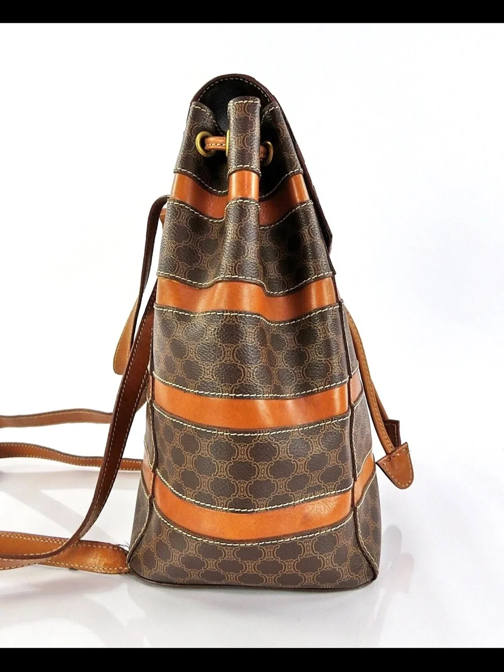 Celine Brown & Tan Monogram Stripe Drawstring Backpack